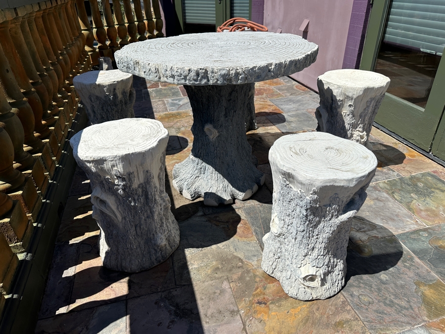 Five Faux Carved Wood Resin Tree Stump Chairs And Table By The Ocean Bridge Trading Company 38'R X 30'H  / Chairs 20.5'H [Photo 3]
