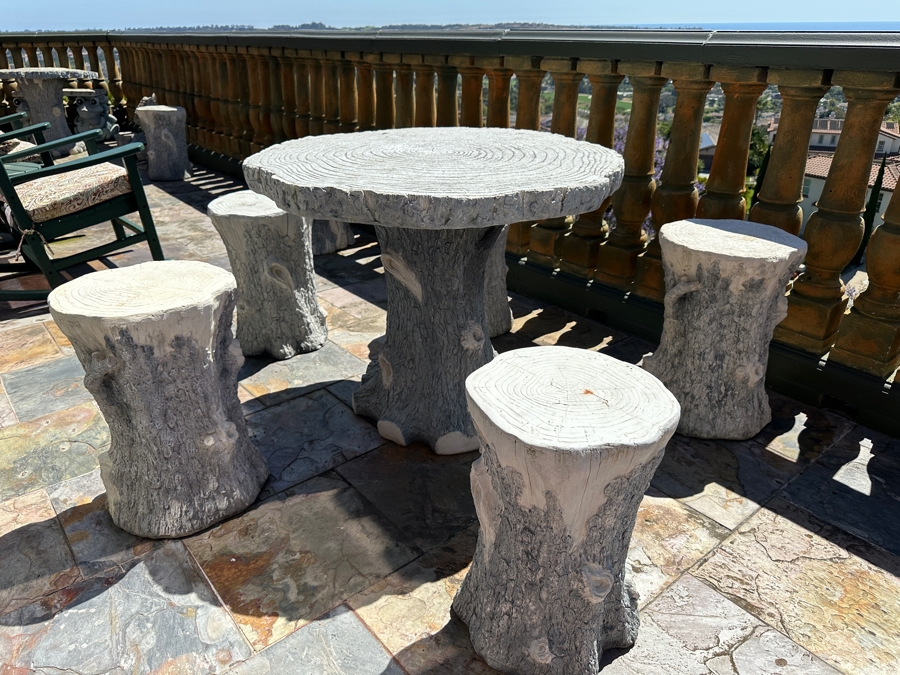 Five Faux Carved Wood Resin Tree Stump Chairs And Table By The Ocean Bridge Trading Company 38'R X 30'H  / Chairs 20.5'H