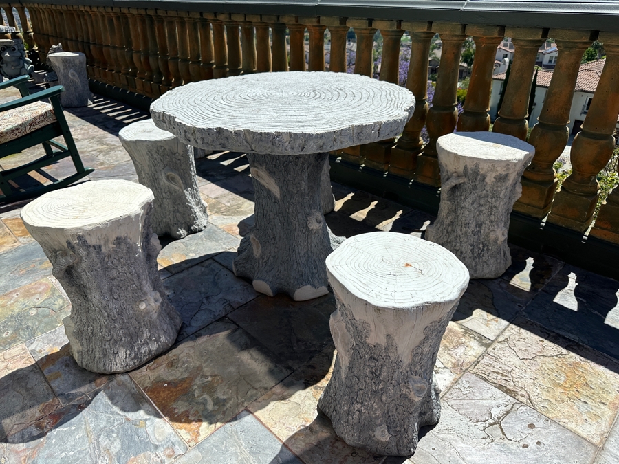 Five Faux Carved Wood Resin Tree Stump Chairs And Table By The Ocean Bridge Trading Company 38'R X 30'H  / Chairs 20.5'H [Photo 4]