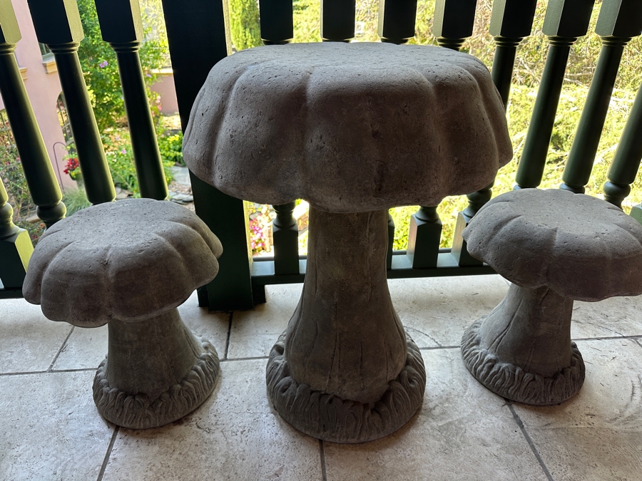 Faux Concrete Resin Mushroom Table 24'R X 32'H With Pair Of Mushroom Chairs 18'H [Photo 4]