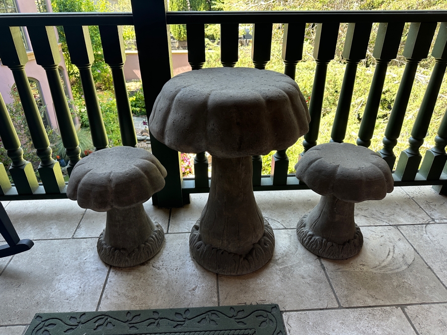 Faux Concrete Resin Mushroom Table 24'R X 32'H With Pair Of Mushroom Chairs 18'H