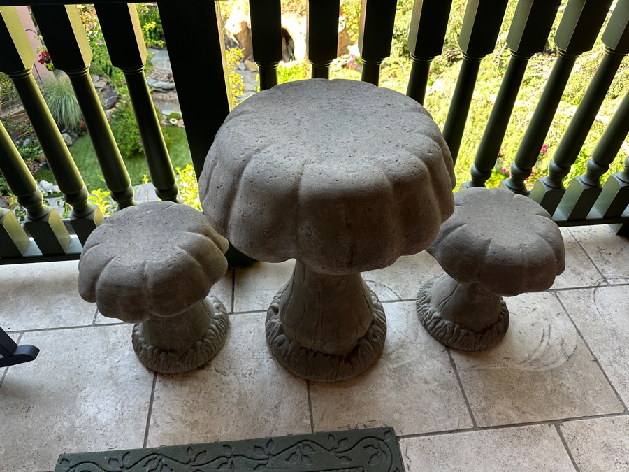 Faux Concrete Resin Mushroom Table 24'R X 32'H With Pair Of Mushroom Chairs 18'H [Photo 3]