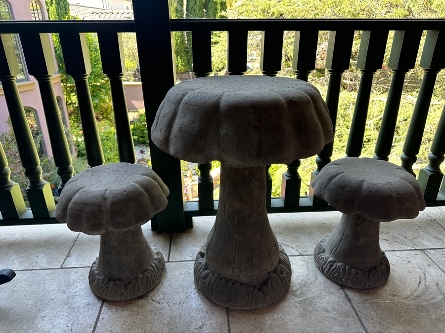Faux Concrete Resin Mushroom Table 24'R X 32'H With Pair Of Mushroom Chairs 18'H [Photo 2]