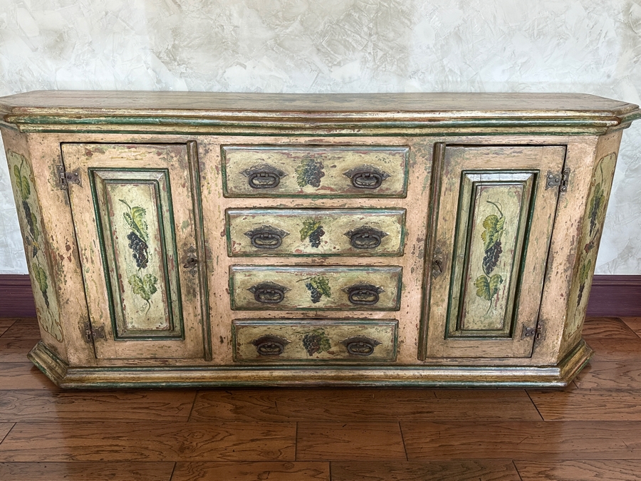 Heavy Painted Grape Bird Themed Cabinet Credenza 87'W X 22'D X 40'H