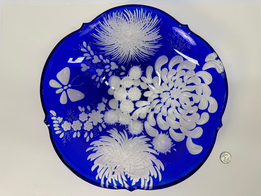 Rare Stunning Meissen (Germany) Blue Cut Crystal Dish/Bowl With Butterfly & Flowers 14W X 3H [Photo 2]
