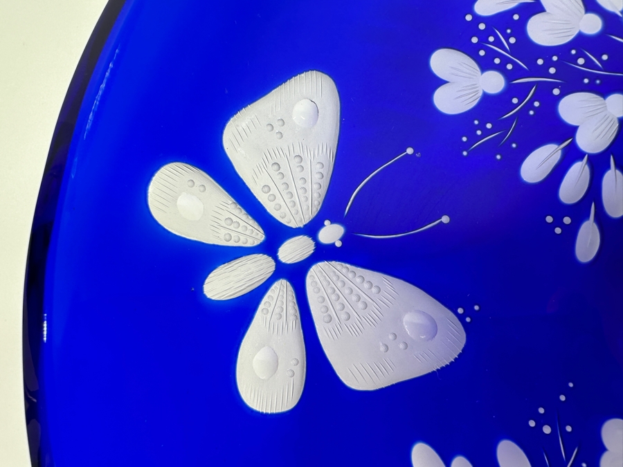 Rare Stunning Meissen (Germany) Blue Cut Crystal Dish/Bowl With Butterfly & Flowers 14W X 3H [Photo 4]