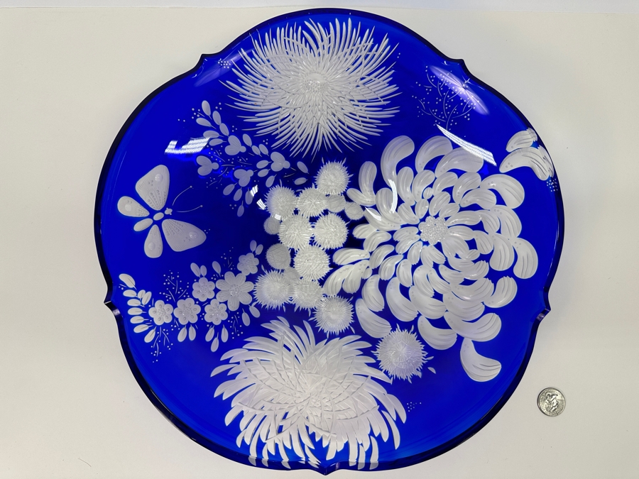 Rare Stunning Meissen (Germany) Blue Cut Crystal Dish/Bowl With Butterfly & Flowers 14W X 3H [Photo 7]