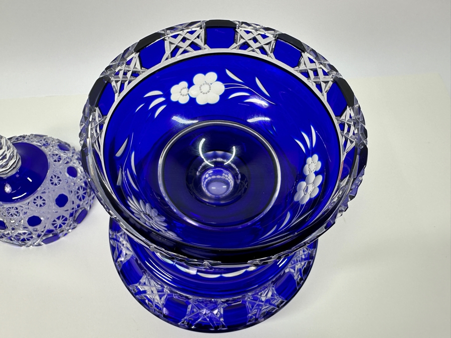 Blue Bohemian Cut Glass Compote Footed Jar With Lid 7W X 14H [Photo 9]