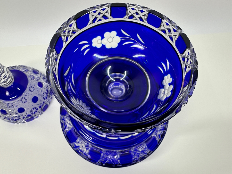 Blue Bohemian Cut Glass Compote Footed Jar With Lid 7W X 14H [Photo 8]