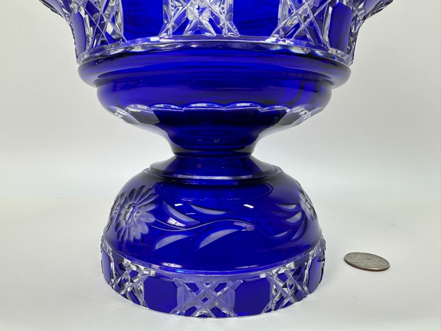 Blue Bohemian Cut Glass Compote Footed Jar With Lid 7W X 14H [Photo 5]