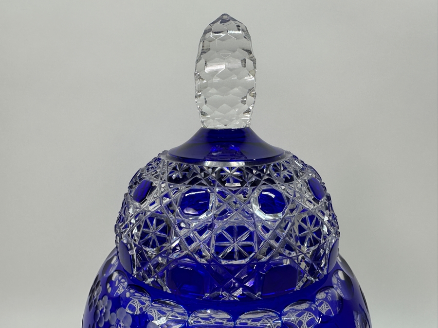 Blue Bohemian Cut Glass Compote Footed Jar With Lid 7W X 14H [Photo 4]