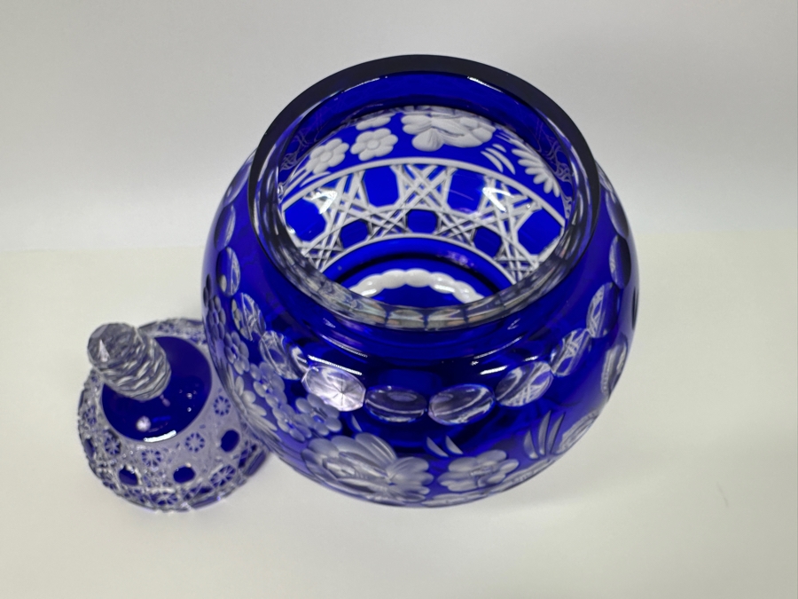 Blue Bohemian Cut Glass Compote Footed Jar With Lid 7W X 14H [Photo 7]