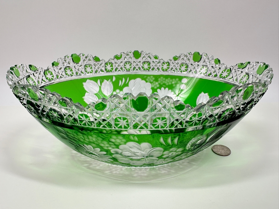 Green Cut Crystal Bowl 12W X 4.5H [Photo 3]