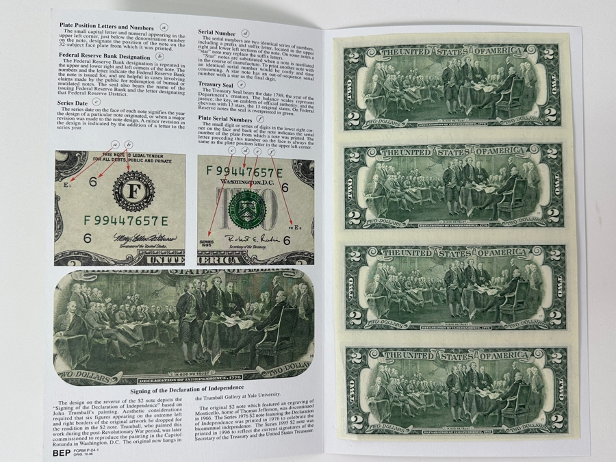 Uncut Sheet Of Uncirculated 1995 $2 Dollar Bills 4 Bills From The Bureau Of Engravings & Printing [Photo 5]
