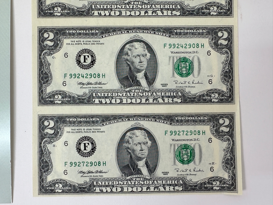 Uncut Sheet Of Uncirculated 1995 $2 Dollar Bills 4 Bills From The Bureau Of Engravings & Printing [Photo 3]