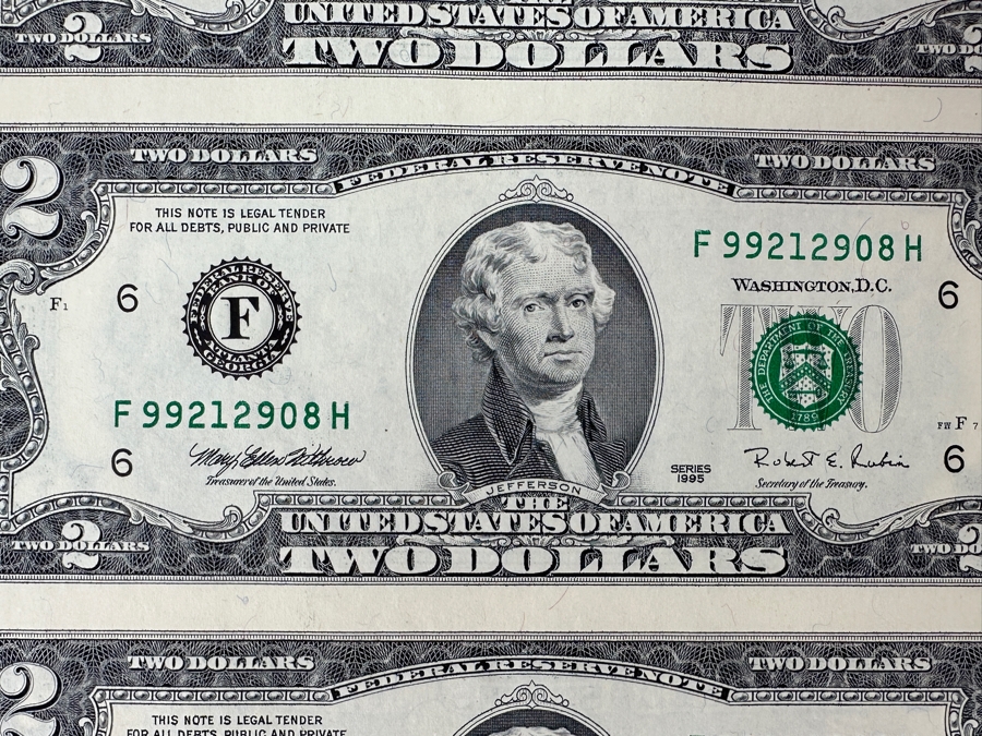 Uncut Sheet Of Uncirculated 1995 $2 Dollar Bills 4 Bills From The Bureau Of Engravings & Printing [Photo 4]