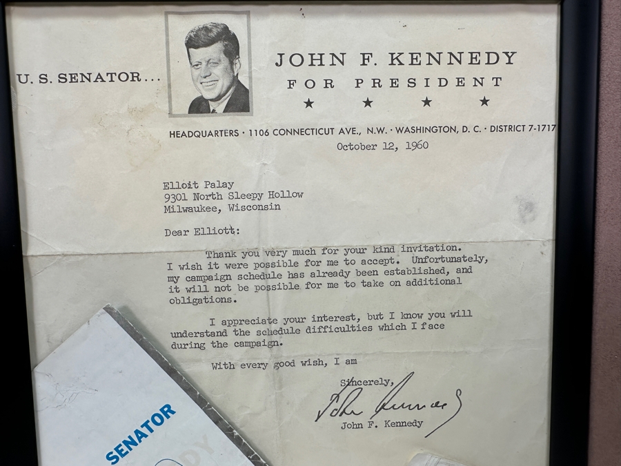 Hand Signed October 12, 1960 John F. Kennedy For President Typed Letter Personalized To Client Elliot Palay Plus Two Hand Signed JFK Signatures On JFK U.S. Senator Brochures [Photo 8]