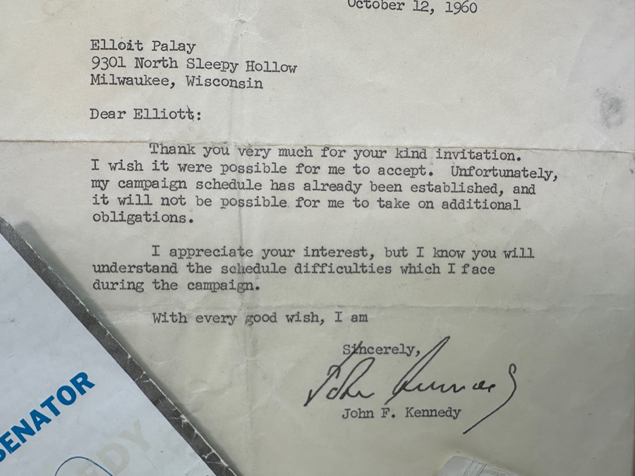 Hand Signed October 12, 1960 John F. Kennedy For President Typed Letter Personalized To Client Elliot Palay Plus Two Hand Signed JFK Signatures On JFK U.S. Senator Brochures [Photo 7]