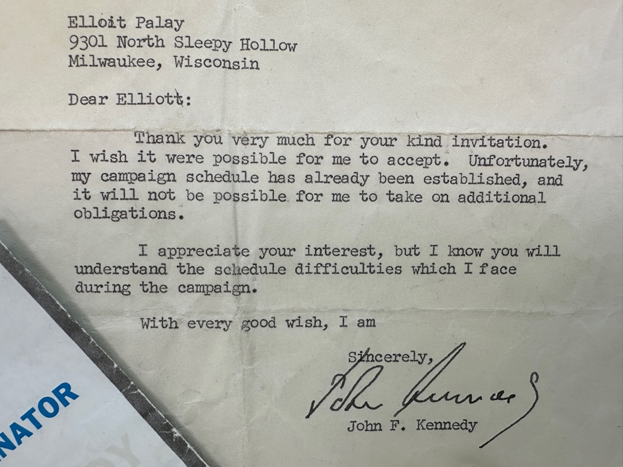 Hand Signed October 12, 1960 John F. Kennedy For President Typed Letter Personalized To Client Elliot Palay Plus Two Hand Signed JFK Signatures On JFK U.S. Senator Brochures [Photo 9]