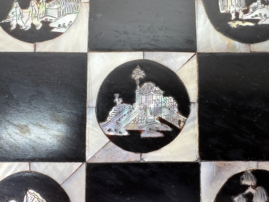 Vintage Chinese Handmade Inlaid Mother Of Pearl Lacquered Wood Portable Folding Chess Board / Backgammon Board On Reverse 25 X 22.5 [Photo 6]