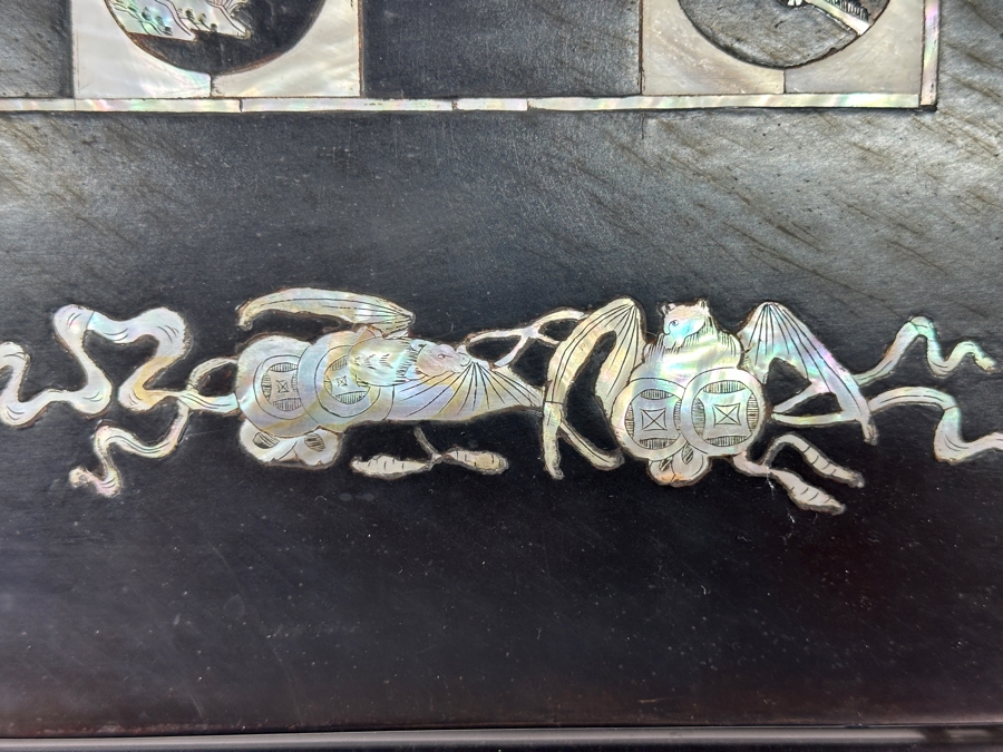 Vintage Chinese Handmade Inlaid Mother Of Pearl Lacquered Wood Portable Folding Chess Board / Backgammon Board On Reverse 25 X 22.5 [Photo 3]