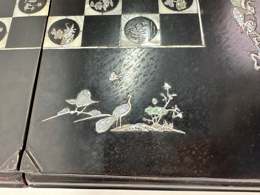 Vintage Chinese Handmade Inlaid Mother Of Pearl Lacquered Wood Portable Folding Chess Board / Backgammon Board On Reverse 25 X 22.5 [Photo 7]