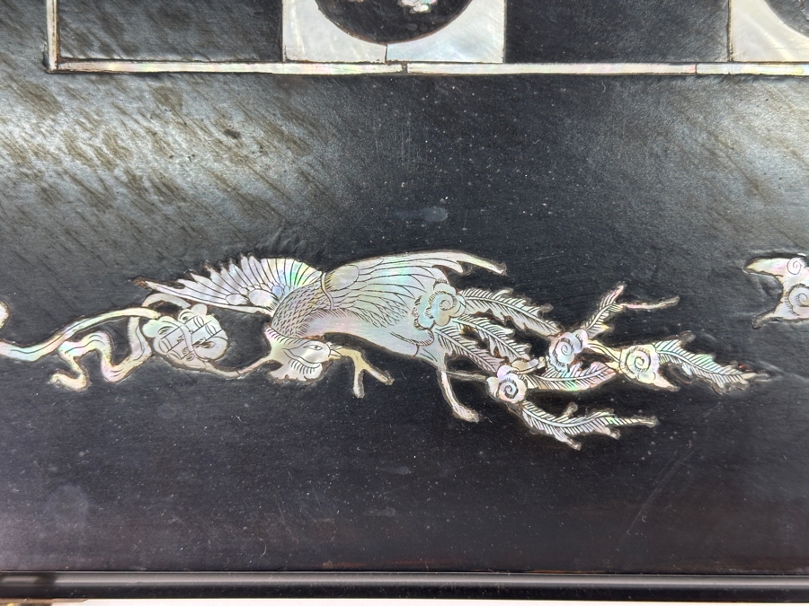 Vintage Chinese Handmade Inlaid Mother Of Pearl Lacquered Wood Portable Folding Chess Board / Backgammon Board On Reverse 25 X 22.5 [Photo 4]