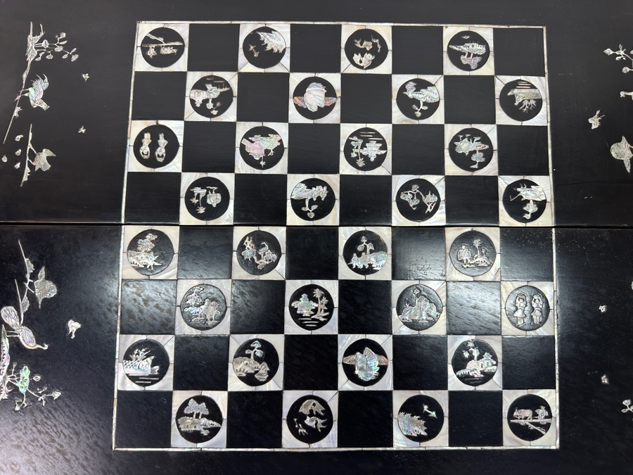 Vintage Chinese Handmade Inlaid Mother Of Pearl Lacquered Wood Portable Folding Chess Board / Backgammon Board On Reverse 25 X 22.5 [Photo 5]