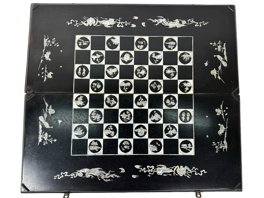 Vintage Chinese Handmade Inlaid Mother Of Pearl Lacquered Wood Portable Folding Chess Board / Backgammon Board On Reverse 25 X 22.5 [Photo 2]