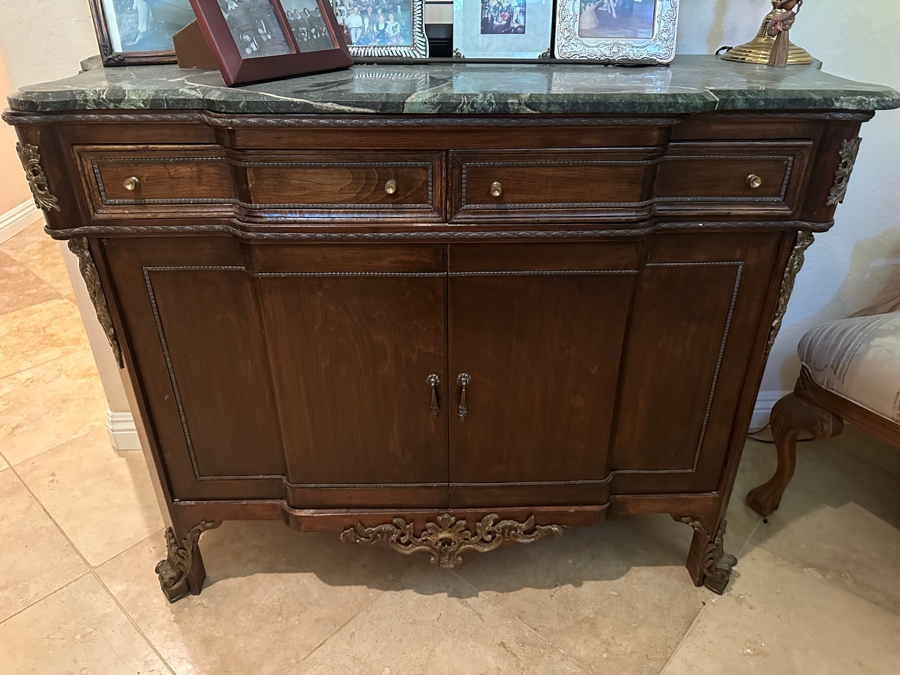 Stunning Vintage Wooden Marble Top Sideboard Buffet Server With Applied Ornamentation 50'W X 19'D X 34.5'H [Photo 2]