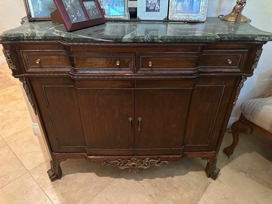 Stunning Vintage Wooden Marble Top Sideboard Buffet Server With Applied Ornamentation 50'W X 19'D X 34.5'H