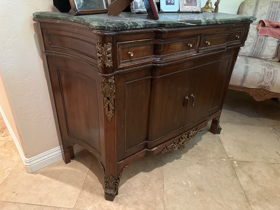 Stunning Vintage Wooden Marble Top Sideboard Buffet Server With Applied Ornamentation 50'W X 19'D X 34.5'H [Photo 5]