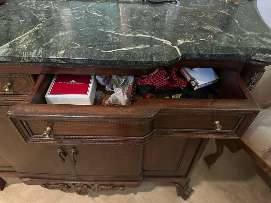 Stunning Vintage Wooden Marble Top Sideboard Buffet Server With Applied Ornamentation 50'W X 19'D X 34.5'H [Photo 7]
