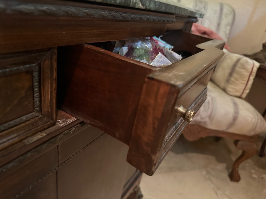 Stunning Vintage Wooden Marble Top Sideboard Buffet Server With Applied Ornamentation 50'W X 19'D X 34.5'H [Photo 8]
