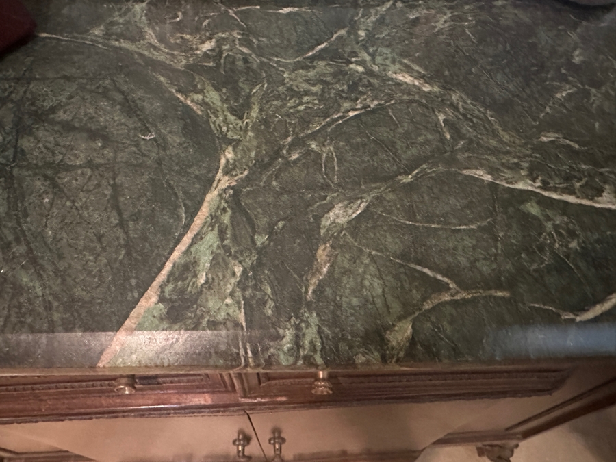 Stunning Vintage Wooden Marble Top Sideboard Buffet Server With Applied Ornamentation 50'W X 19'D X 34.5'H [Photo 6]