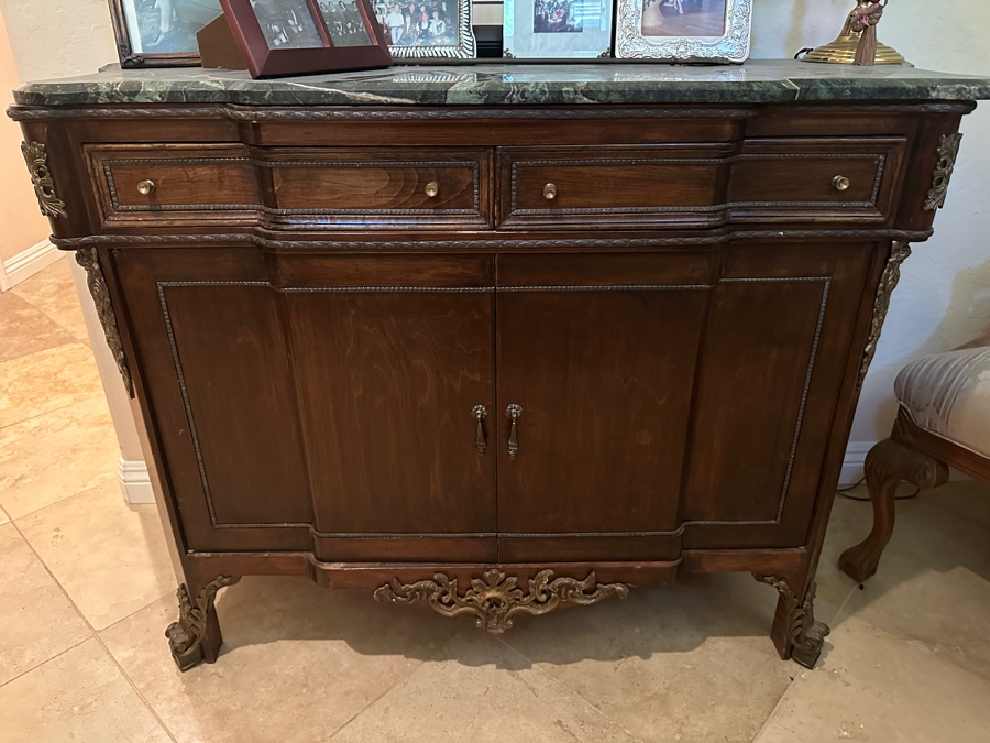 Stunning Vintage Wooden Marble Top Sideboard Buffet Server With Applied Ornamentation 50'W X 19'D X 34.5'H [Photo 3]