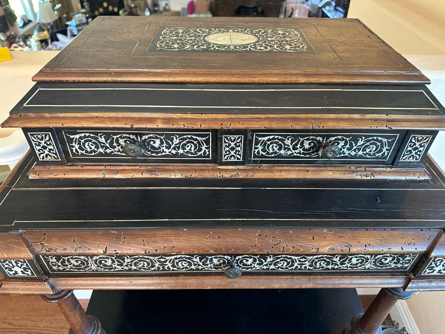 Ferdinando Pogliani (1832-1899, Milan, Italy) Stunning Inlaid Bone With Ebony Wooden 3-Drawer Stand Table Signed - See Photos [Photo 3]