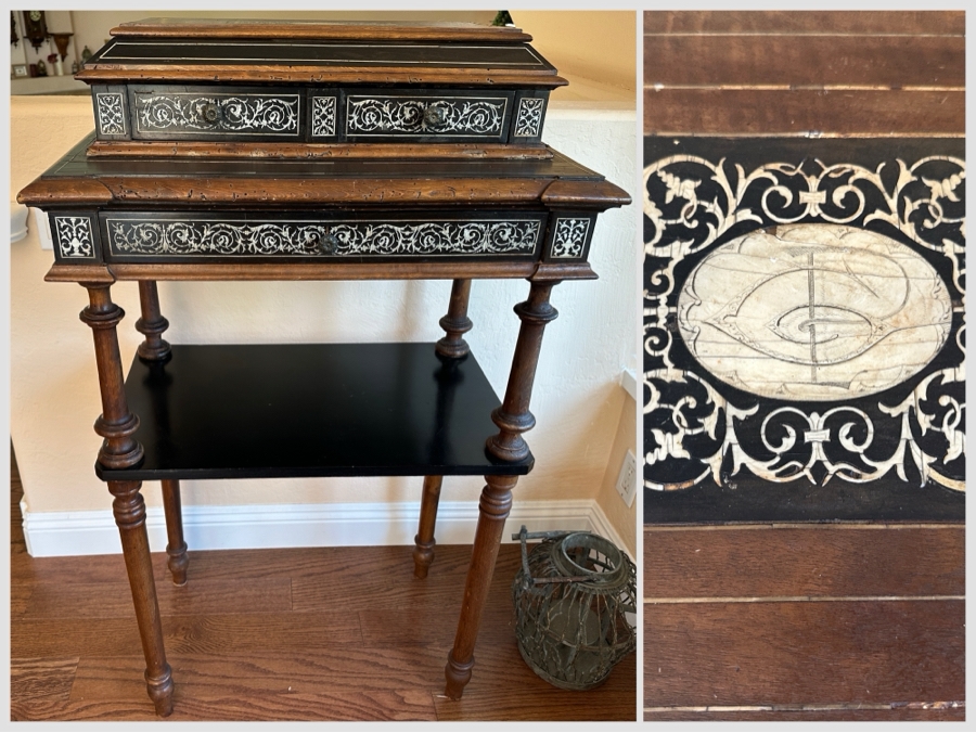 Ferdinando Pogliani (1832-1899, Milan, Italy) Stunning Inlaid Bone With Ebony Wooden 3-Drawer Stand Table Signed - See Photos [Photo 13]