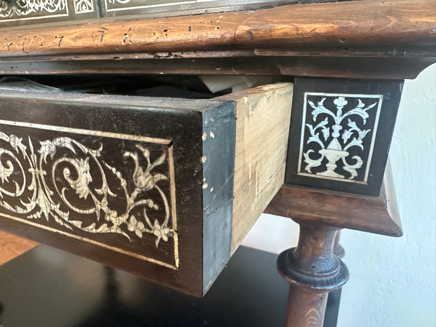 Ferdinando Pogliani (1832-1899, Milan, Italy) Stunning Inlaid Bone With Ebony Wooden 3-Drawer Stand Table Signed - See Photos [Photo 10]