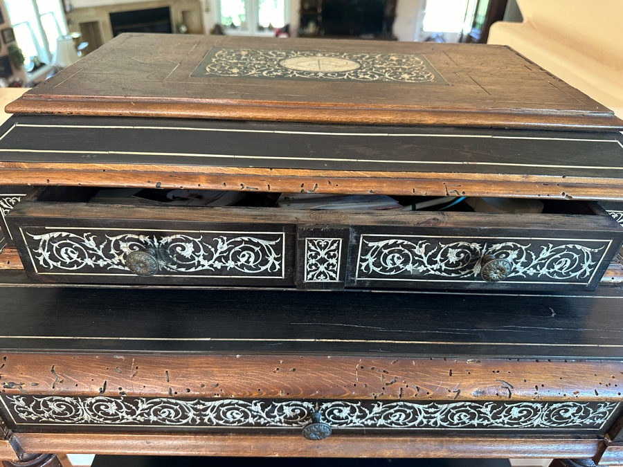 Ferdinando Pogliani (1832-1899, Milan, Italy) Stunning Inlaid Bone With Ebony Wooden 3-Drawer Stand Table Signed - See Photos [Photo 7]