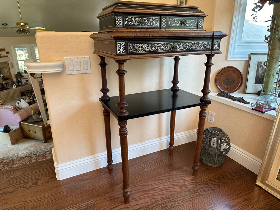 Ferdinando Pogliani (1832-1899, Milan, Italy) Stunning Inlaid Bone With Ebony Wooden 3-Drawer Stand Table Signed - See Photos [Photo 11]