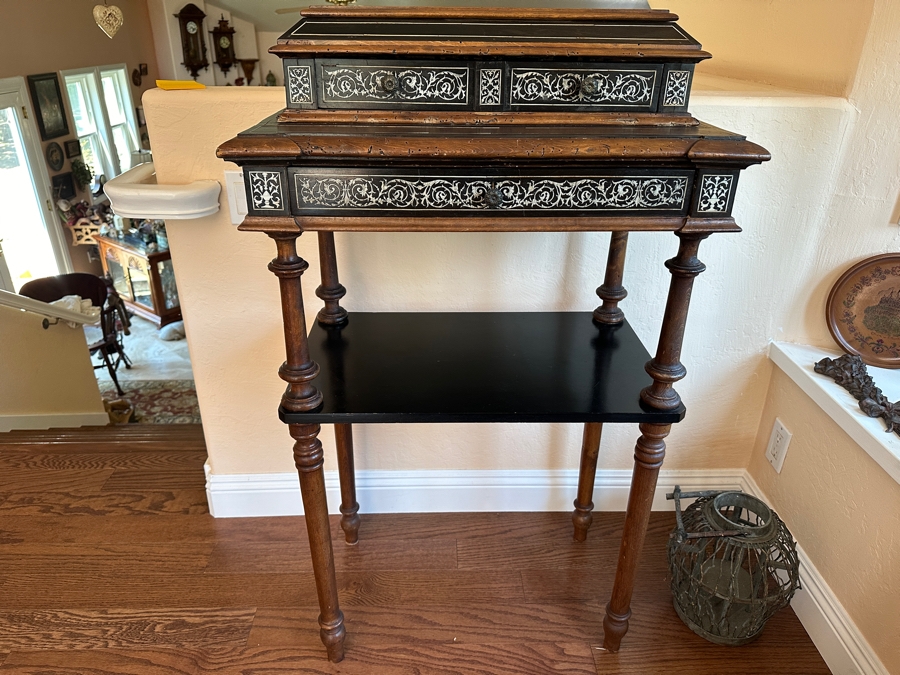 Ferdinando Pogliani (1832-1899, Milan, Italy) Stunning Inlaid Bone With Ebony Wooden 3-Drawer Stand Table Signed - See Photos [Photo 2]