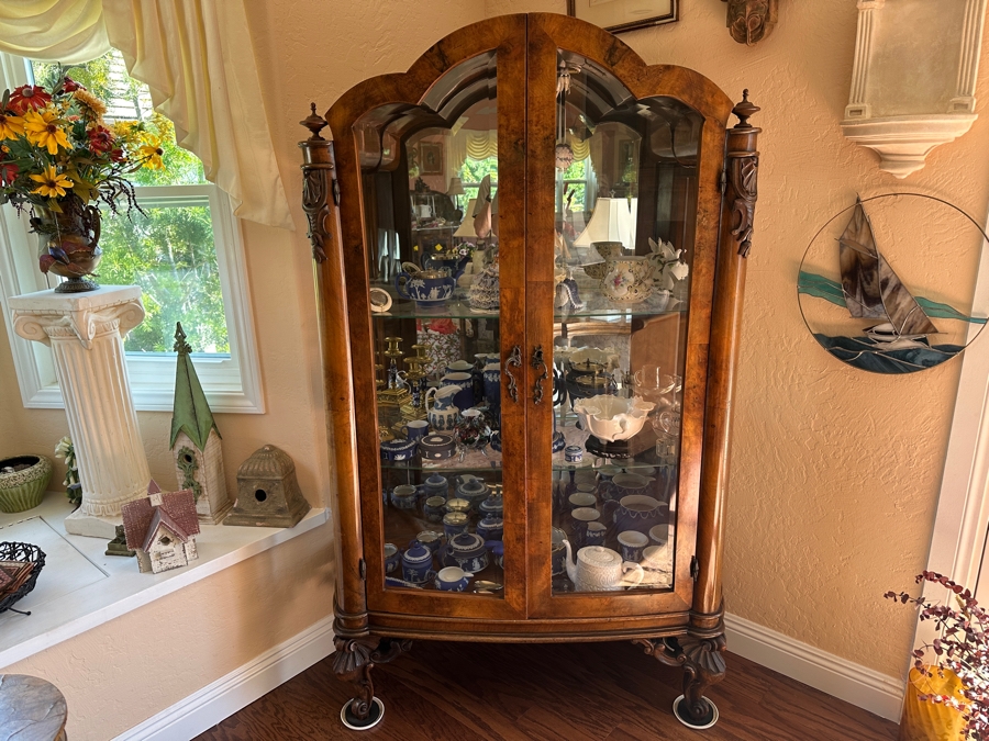 Beautiful Antique Carved Wooden Curio Display Cabinet With Glass Front & Sides 40”W X 16.5”D X 71.5”H [Photo 2]