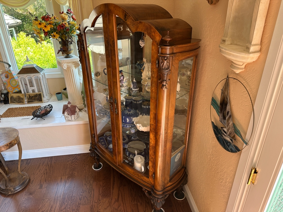 Beautiful Antique Carved Wooden Curio Display Cabinet With Glass Front & Sides 40”W X 16.5”D X 71.5”H [Photo 7]