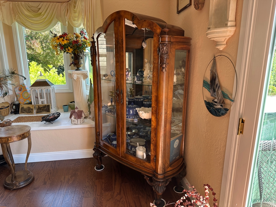 Beautiful Antique Carved Wooden Curio Display Cabinet With Glass Front & Sides 40”W X 16.5”D X 71.5”H [Photo 3]