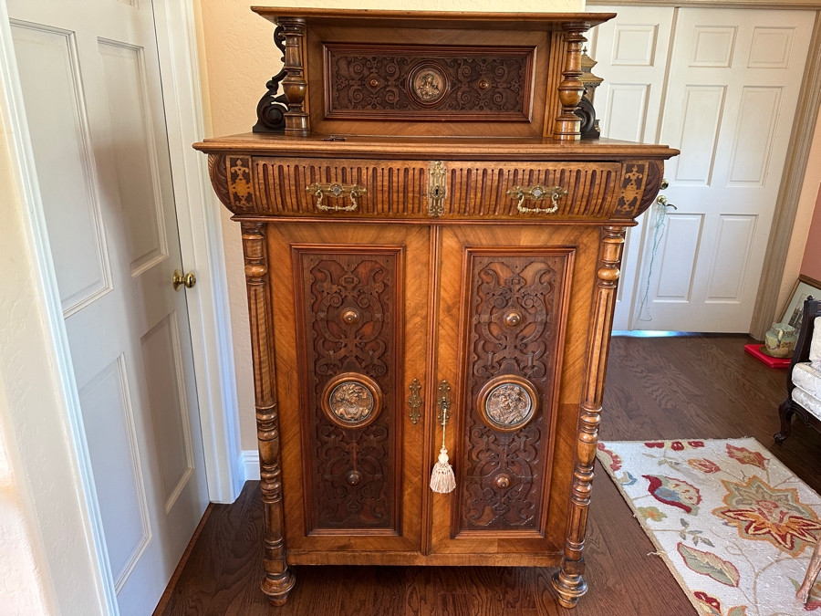 Stunning Antique Victorian Carved Wooden Vertico Cabinet With Three Embossed Copper Portrait Medallions Decorations 43W X 19D X 66.5H [Photo 7]