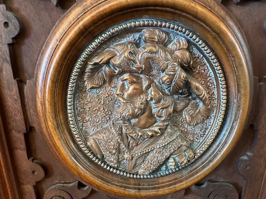 Stunning Antique Victorian Carved Wooden Vertico Cabinet With Three Embossed Copper Portrait Medallions Decorations 43W X 19D X 66.5H [Photo 3]