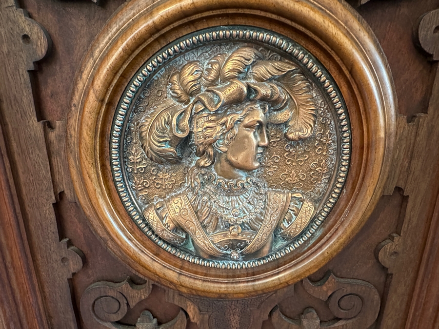 Stunning Antique Victorian Carved Wooden Vertico Cabinet With Three Embossed Copper Portrait Medallions Decorations 43W X 19D X 66.5H [Photo 4]