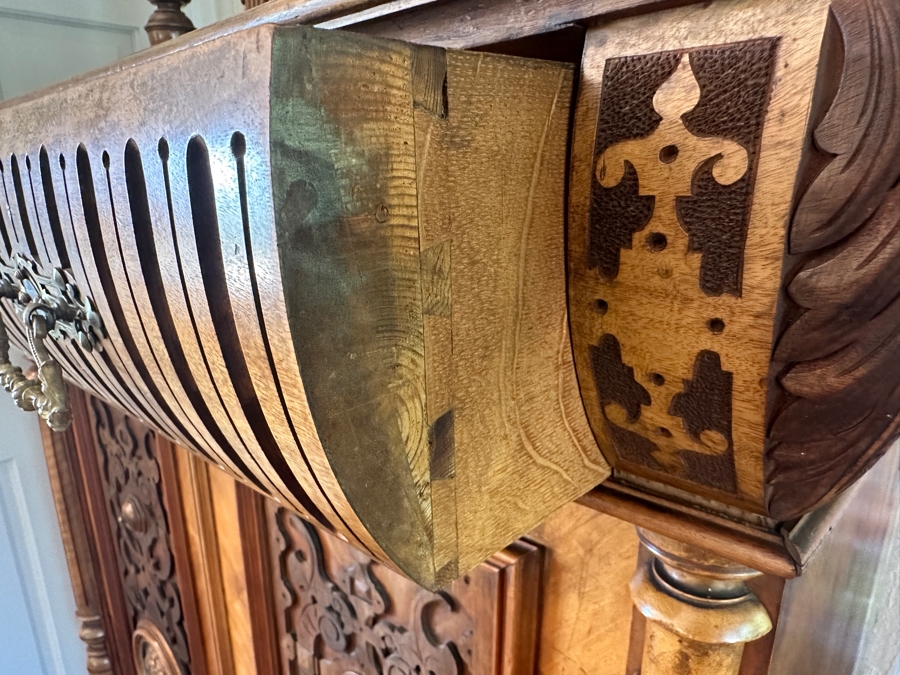 Stunning Antique Victorian Carved Wooden Vertico Cabinet With Three Embossed Copper Portrait Medallions Decorations 43W X 19D X 66.5H [Photo 14]