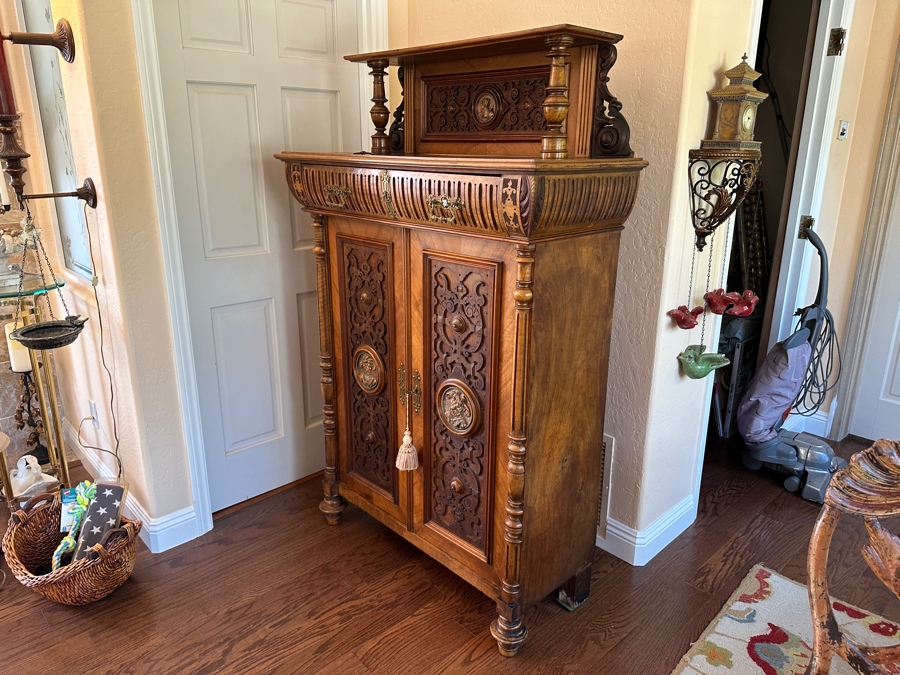 Stunning Antique Victorian Carved Wooden Vertico Cabinet With Three Embossed Copper Portrait Medallions Decorations 43W X 19D X 66.5H [Photo 16]